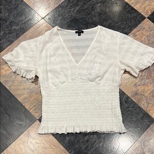 A.U.W. White V-Neck Smocked Blouse Size L